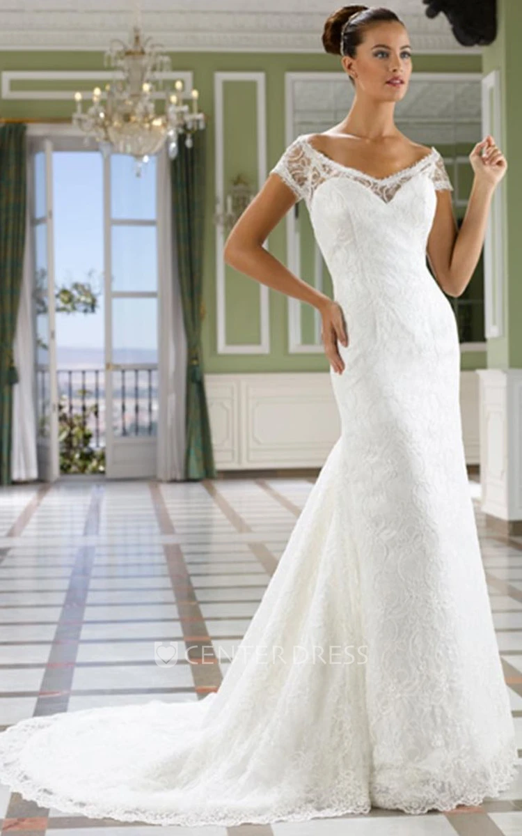 Sheath Long V-Neck Short-Sleeve Lace Wedding Dress With Illusion