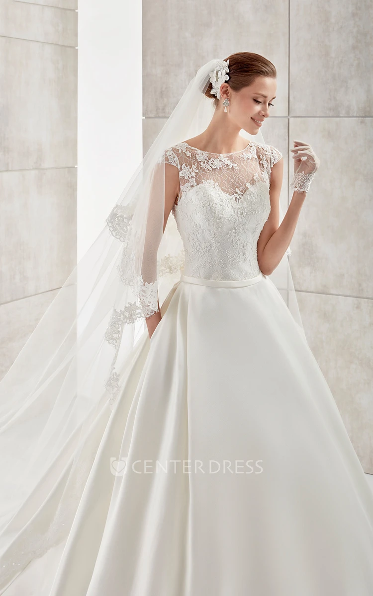 Jewel-Neck Cap-Sleeve A-Line Satin Wedding Dress With Lace Bodice And Illusive Design