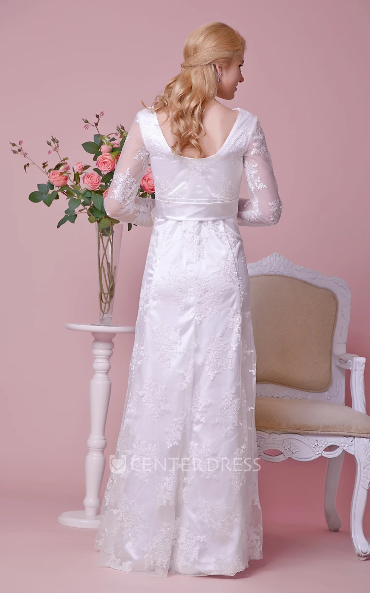 Long-Sleeve Bateau Lace Maternity Wedding Dress With Scoop Back