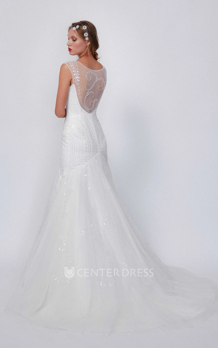 A-Line Maxi Beaded Cap-Sleeve Scoop-Neck Tulle Wedding Dress