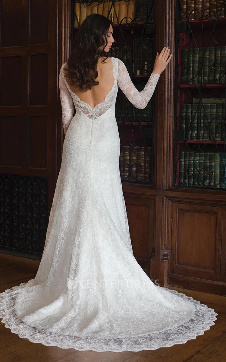 Sheath Maxi V-Neck Long-Sleeve Lace Wedding Dress With Deep-V Back