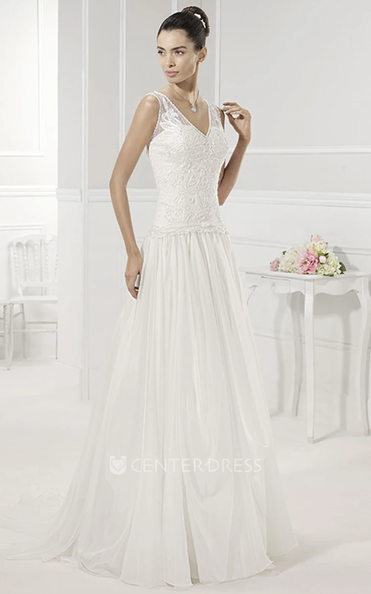 V Neck Appliqued Bodice A-Line Pleated Bridal Gown With Drop Waist