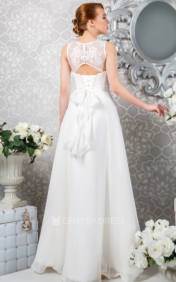 A-Line Appliqued Scoop-Neck Floor-Length Sleeveless Chiffon Wedding Dress With Pleats