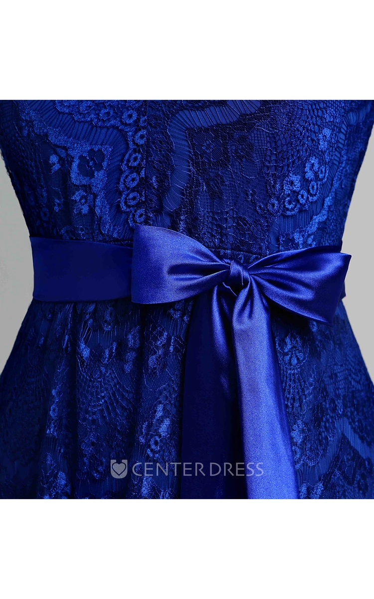 Lace A-line V-neck Cap Short Sleeve Sash/Ribbon Dress