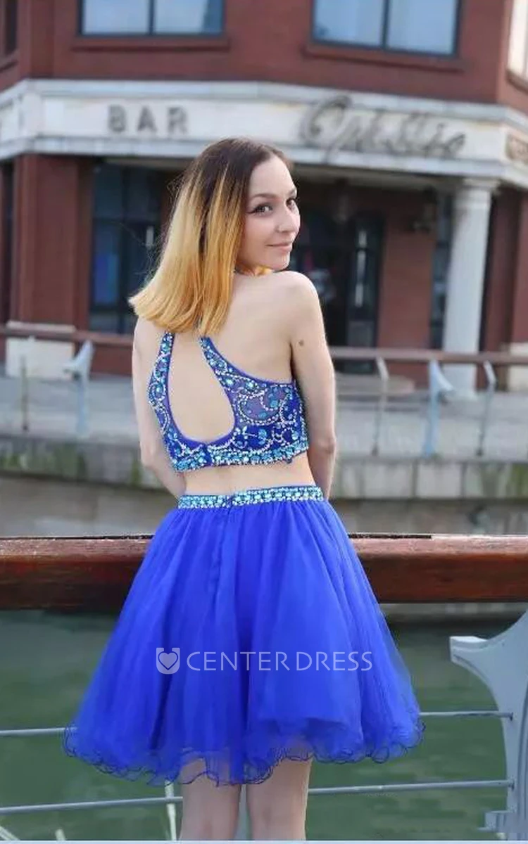 Two Piece Halter Sleeveless Beading Pleats Short Mini Lace Homecoming Dress