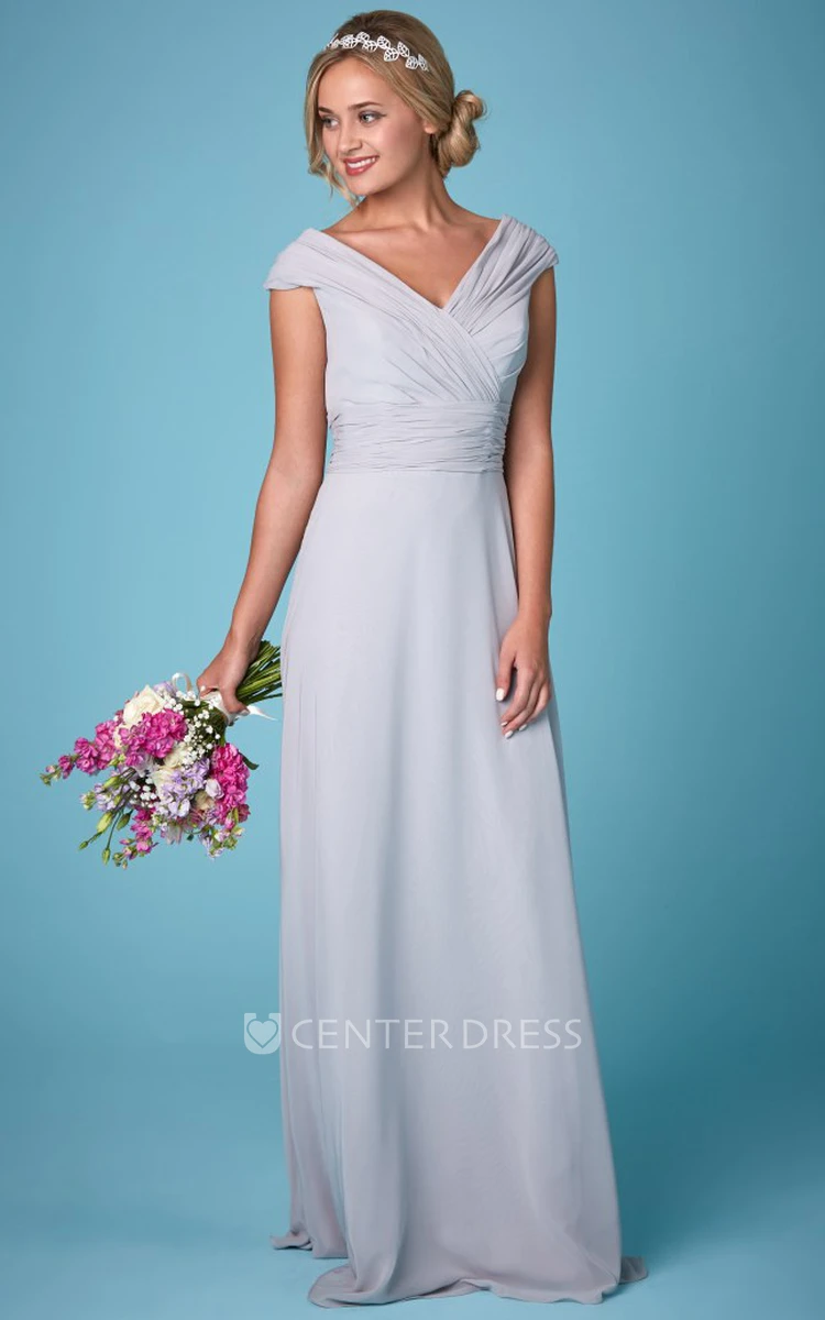 Short Sleeve V-Neck Ruched Chiffon Bridesmaid Dress