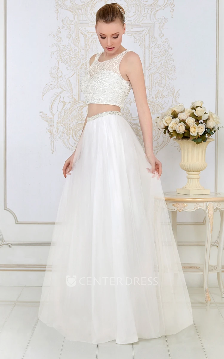 A-Line Sleeveless Floor-Length Beaded Scoop-Neck Prom Dress