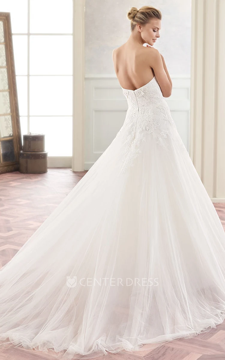 A-Line Long Appliqued Sweetheart Sleeveless Tulle Wedding Dress