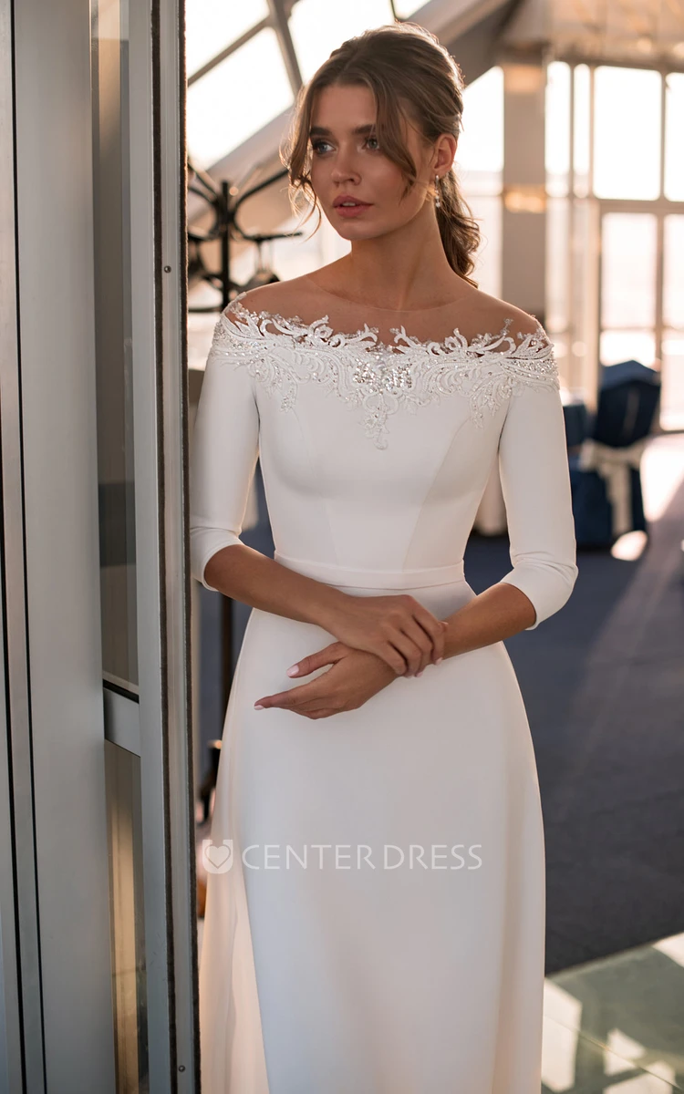 Satin Off-the-shoulder Sheath 3/4 Length Sleeve Floor-length Wedding Dress With Appliques