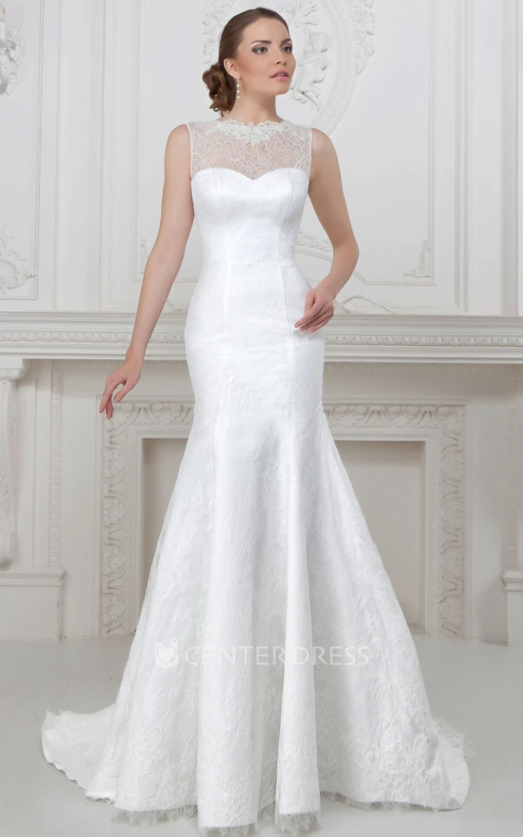 Mermaid Floor-Length Jewel-Neck Sleeveless Lace&Satin Wedding Dress