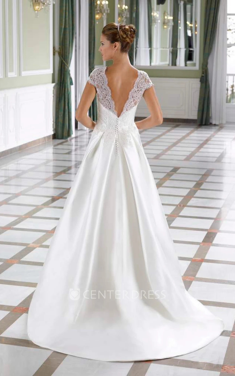 A-Line Scoop-Neck Cap-Sleeve Floor-Length Satin Wedding Dress With Appliques And V Back