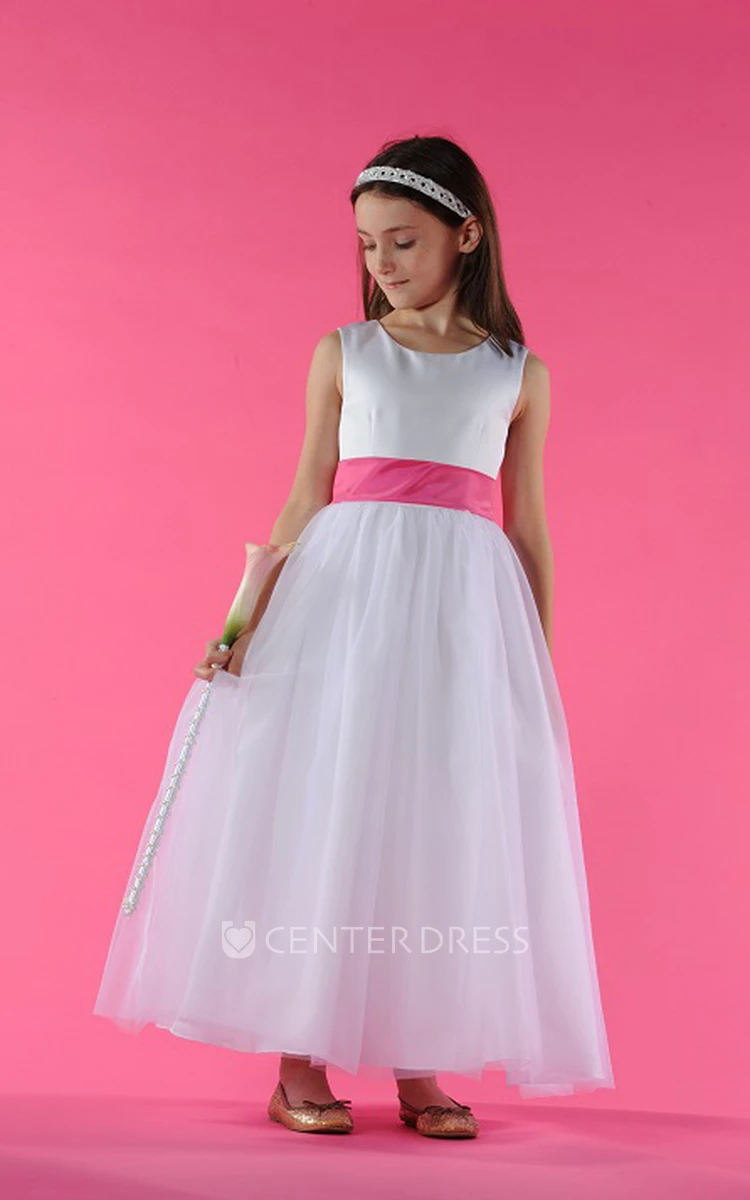 Flower Girl Scoop Neck A-line Tulle Ankle Length Dress With Bow
