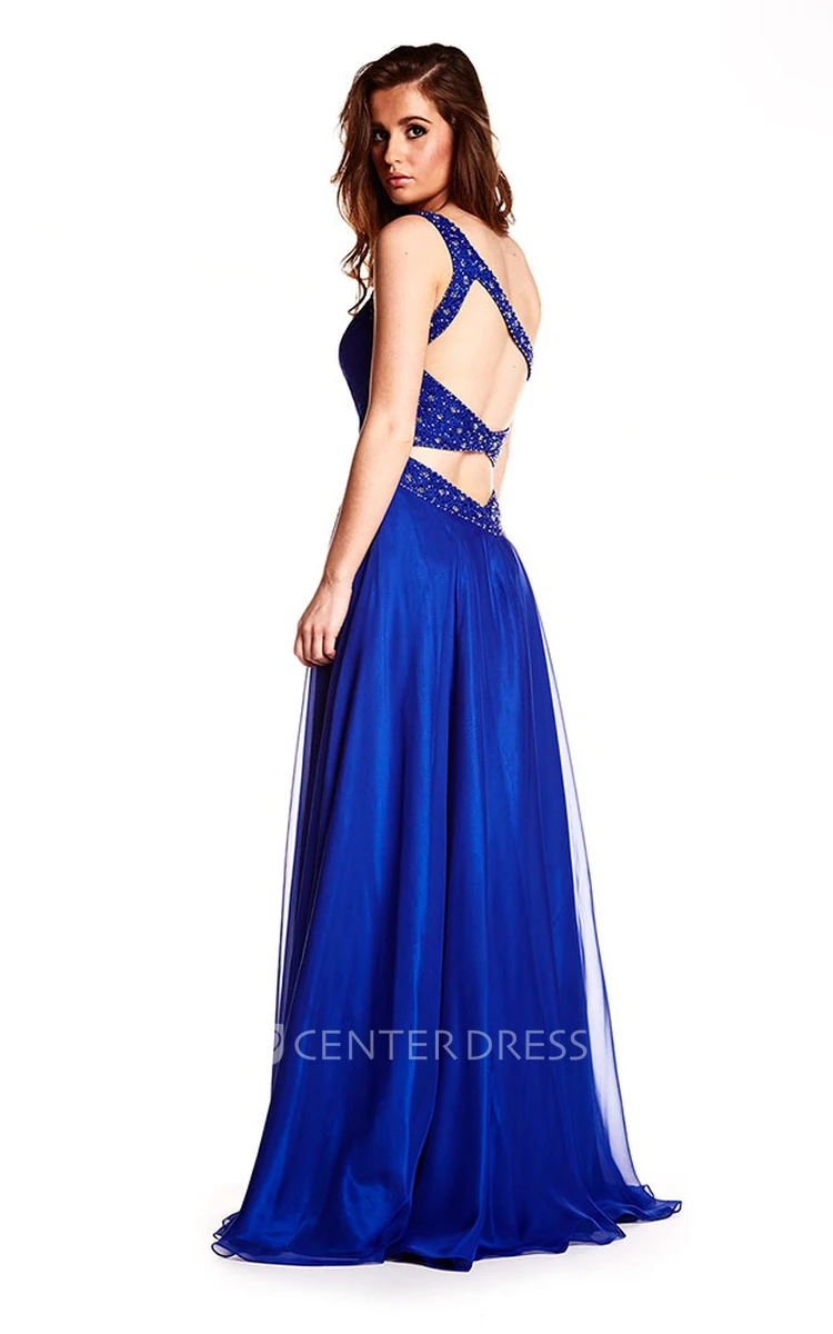 A-Line Sleeveless One-Shoulder Floor-Length Ruched Prom Dress With Straps And Beading