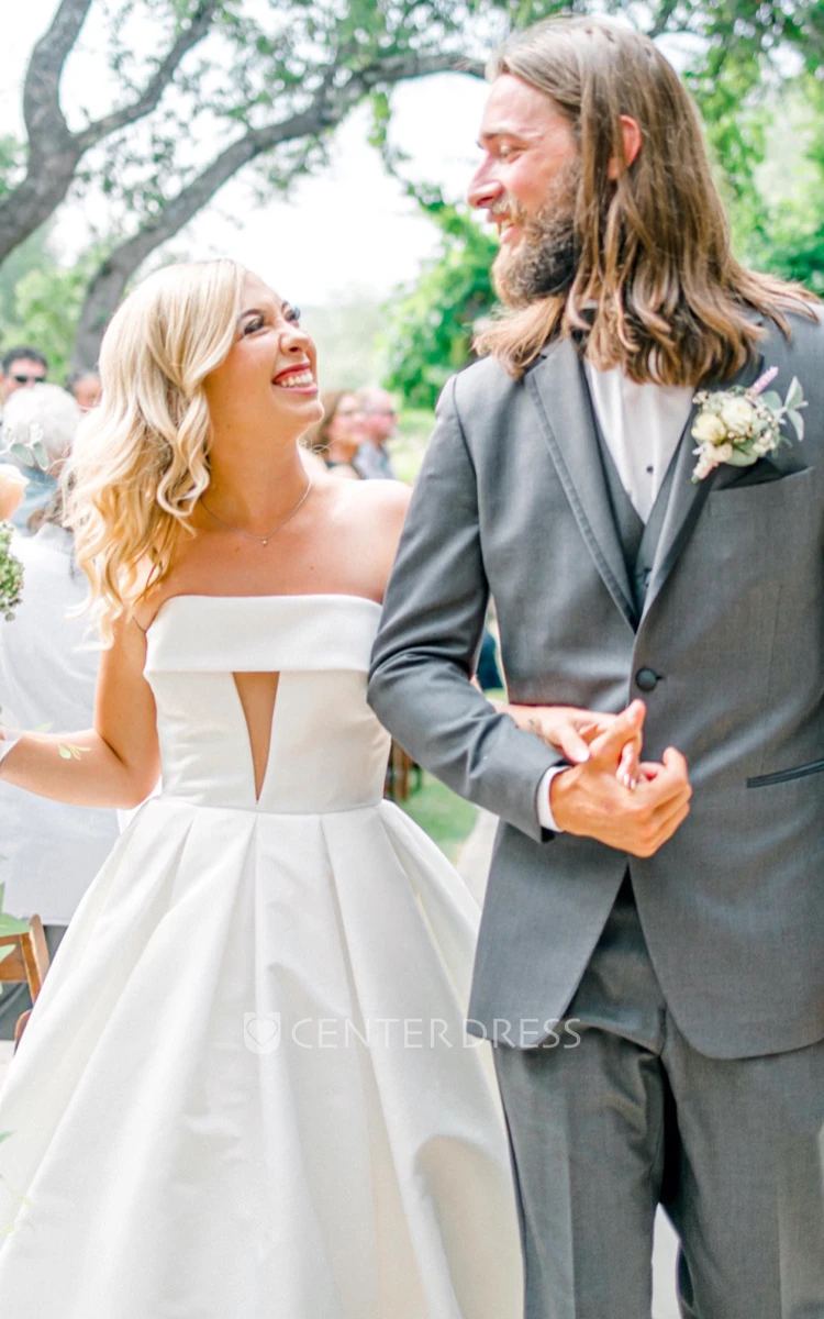 Satin Ball Gown Strapless Beach Romantic Wedding Dress With Chapel Train And Button Back