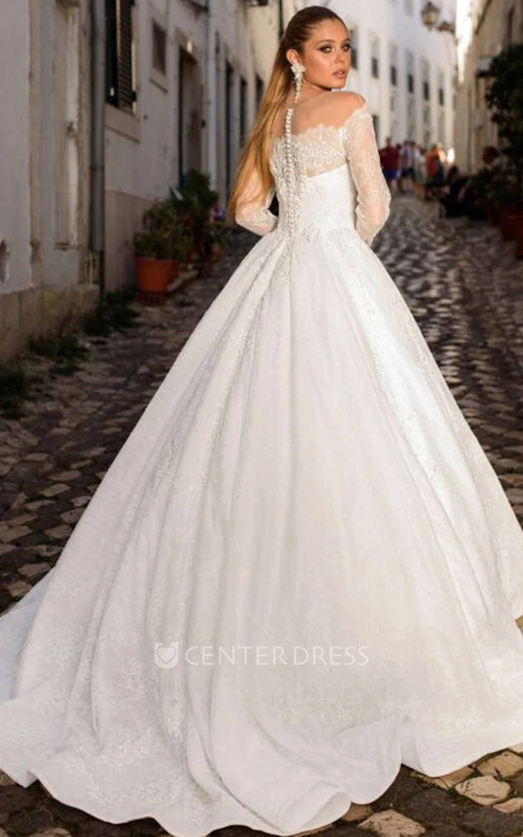 Modern Ball Gown Lace Off-the-shoulder Floor-Length Long Sleeve Wedding Dress With Appliques