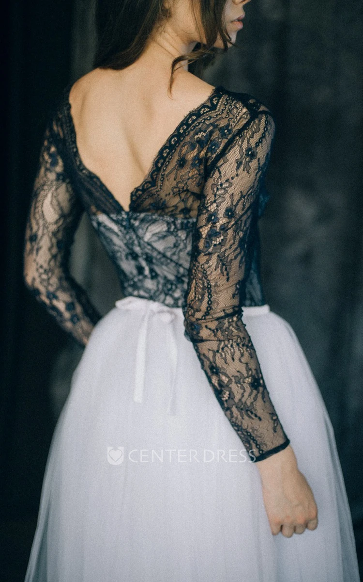 Sheath Long Sleeve Floor-length V-neck Illusion Back Low-V Back Lace Black Wedding Dress