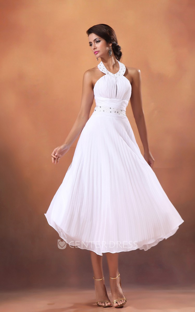 halter top tea length wedding dresses