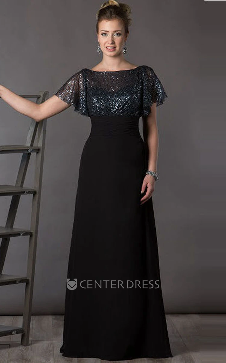 Bateau V Back Sequin Top Chiffon Long Mother Of The Bride Dress With Short Batwing Sleeve