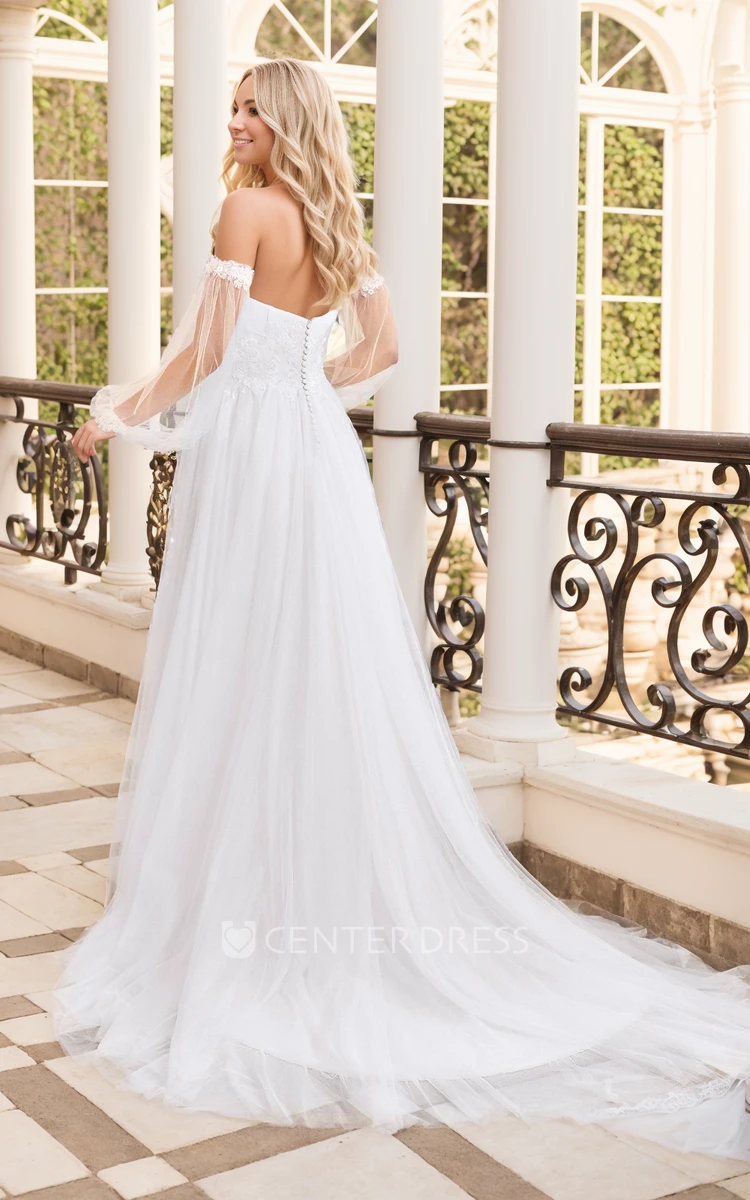 Modern Floral A-Line Boho Lace off the Shoulder Floor Length Wedding Dress Ethereal Elegant Ballon Sleeve Plunging Neckline Sweep Train Bridal Gown