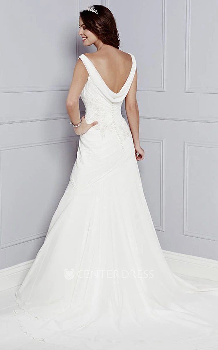 A-Line Cowl-Neck Maxi Appliqued Sleeveless Wedding Dress With Ruching