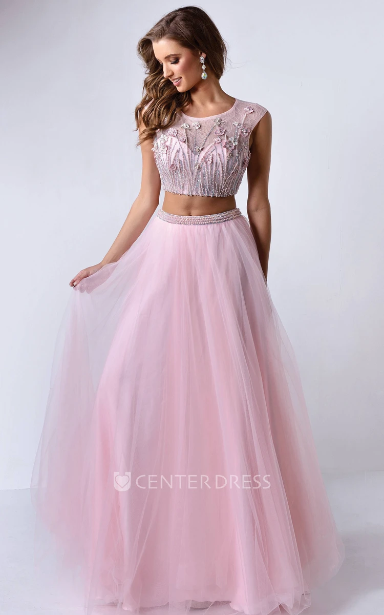 A-Line Scoop-Neck Sleeveless Tulle Illusion Dress With Lace And Beading