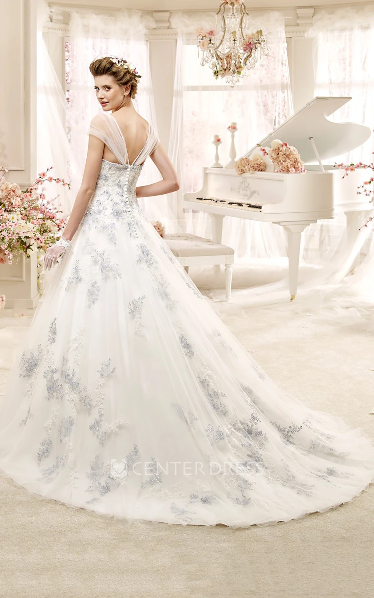 Romantic Sweetheart A-line Wedding Dress with Beaded Flowers and Brush Train