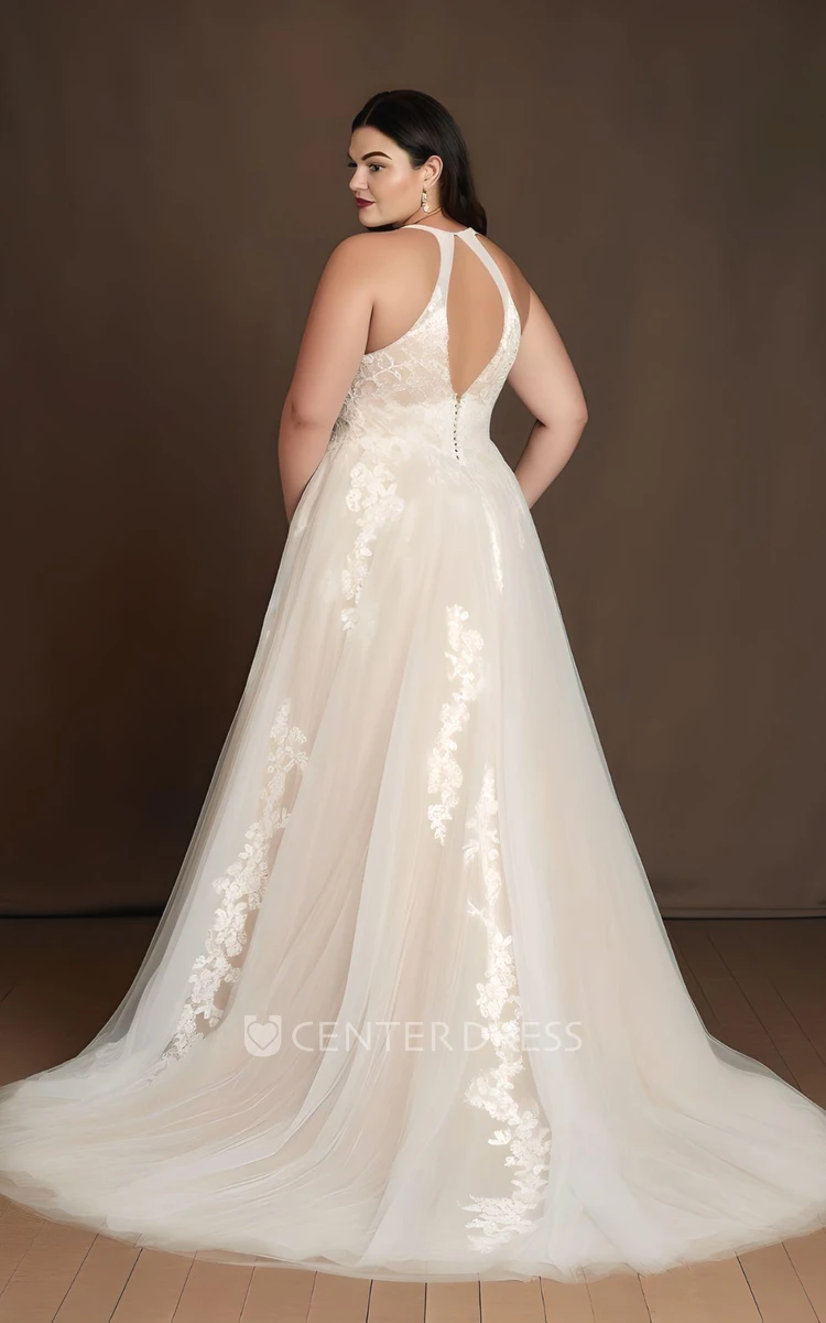 A-Line Lace Tulle Plus Size Wedding Dress Bohemian Elegant V-neck