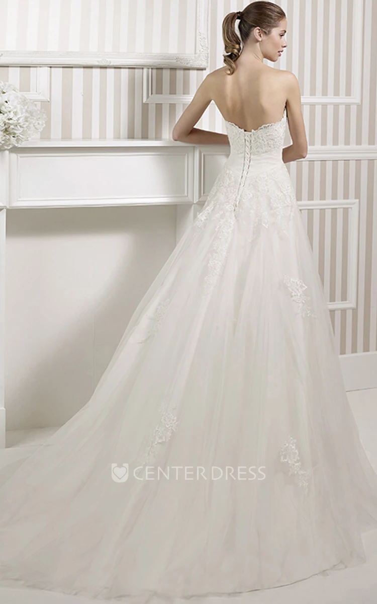 A-Line Sweetheart Jeweled Long Tulle Wedding Dress With Lace And Corset Back