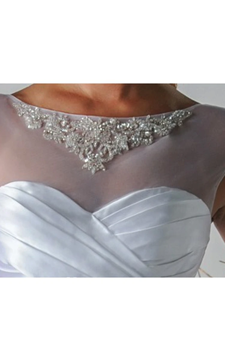 Pearl Neckline Cap Sleeve Sheath Taffeta Bridal Gown With Crystal Sash