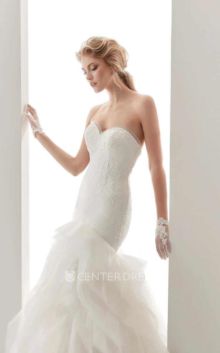 Sweetheart Sheath Mermaid Lace Bridal Gown With Ruffles And Brush Train