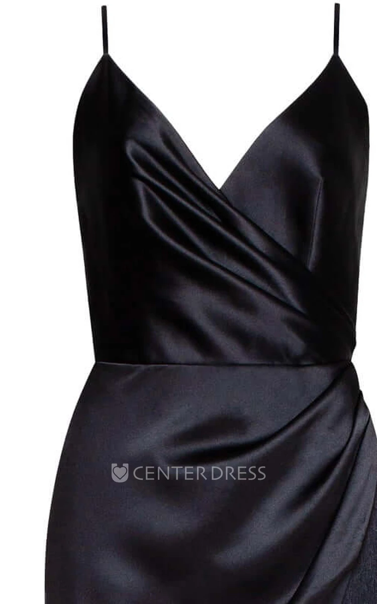 Sexy Sheath Spaghetti Satin Evening Dress With Low-V Back And Split Front