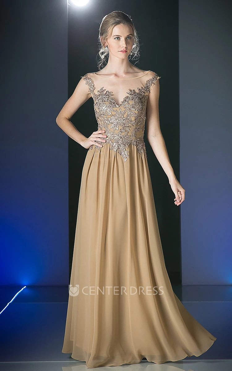 Sheath Ankle-Length Scoop-Neck Sleeveless Chiffon Illusion Dress With Appliques