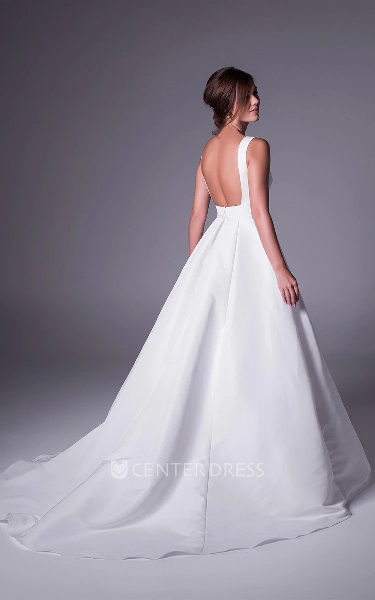 A-Line Bateau-Neck Sleeveless Beaded Floor-Length Satin Wedding Dress