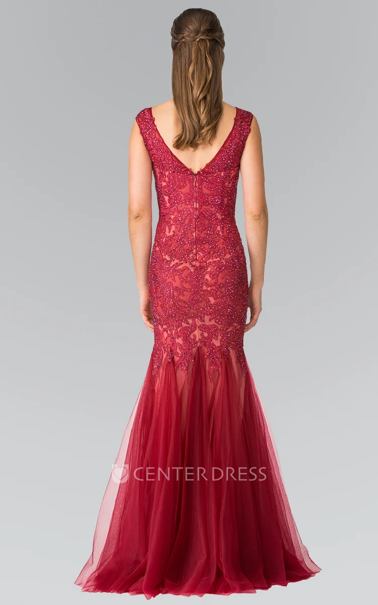 Mermaid Scoop-Neck Sleeveless Tulle Low-V Back Dress With Beading And Appliques