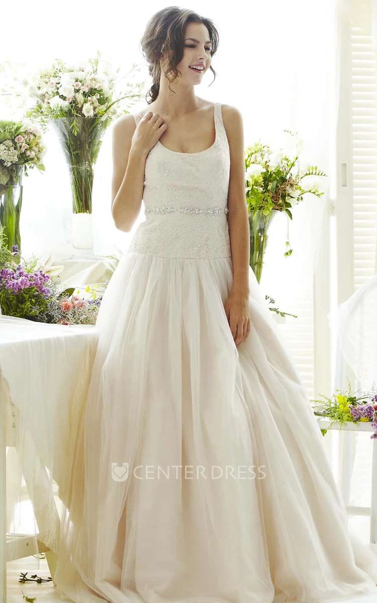 Long Square Jeweled Tulle Wedding Dress With Sweep Train And V Back