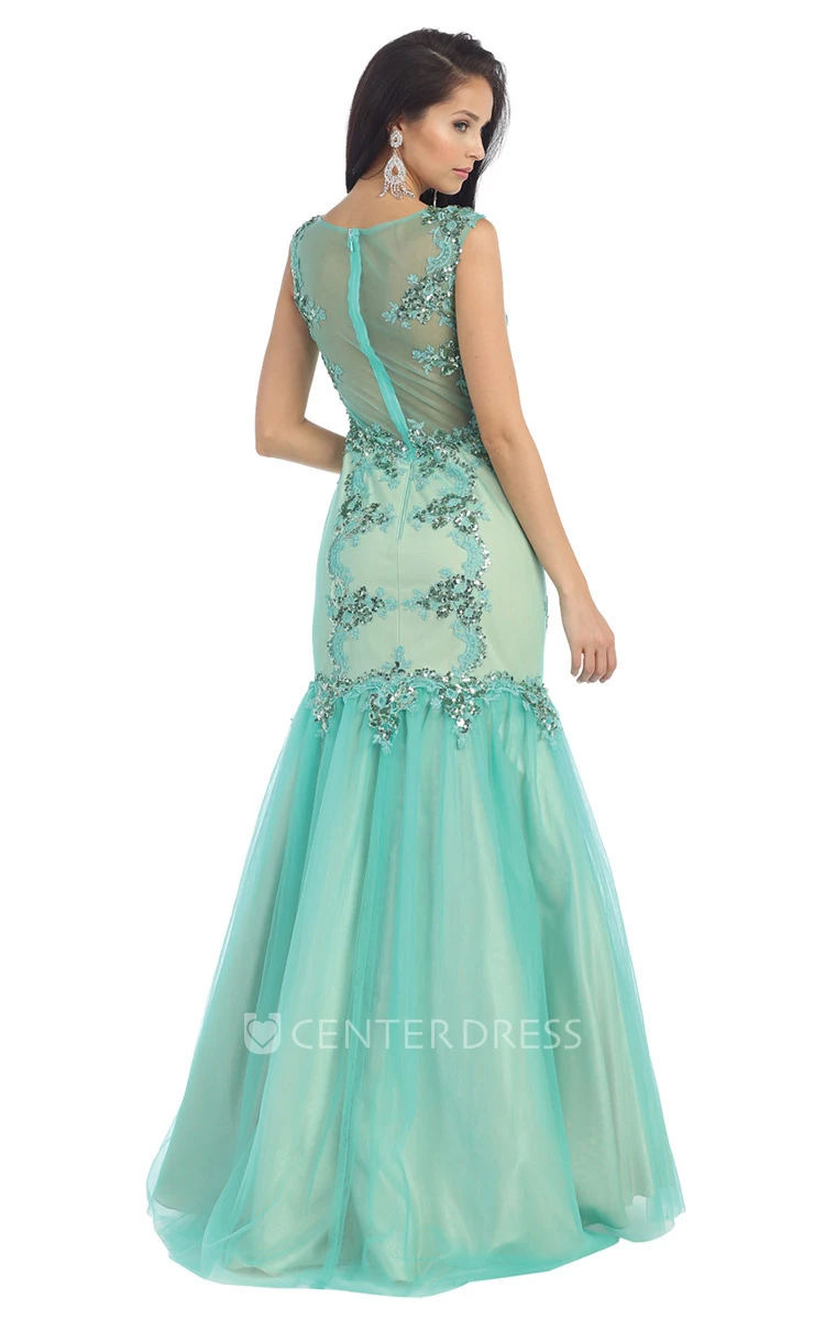Mermaid Floor-Length Bateau Illusion Dress With Appliques And Sequins
