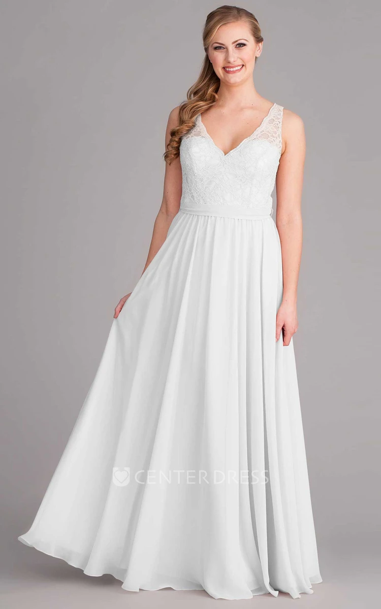 Sleeveless V-Neck Chiffon Wedding Dress With Lace