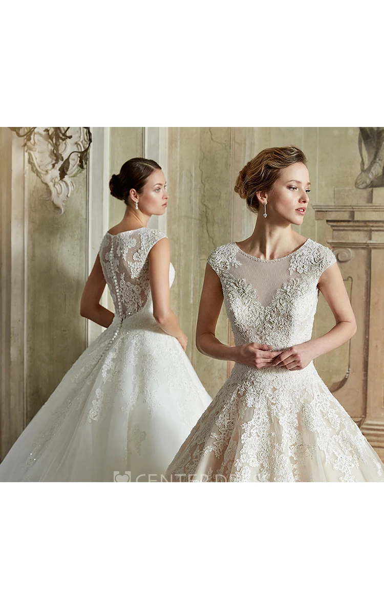 Ball Gown Cap-Sleeve Scoop-Neck Floor-Length Appliqued Lace&Satin Wedding Dress