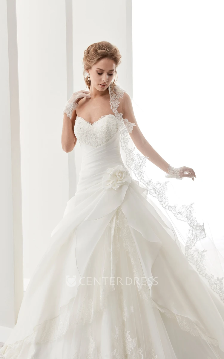 Sweetheart A-line Gown with Bandage Waist and Side Flower Ruffles
