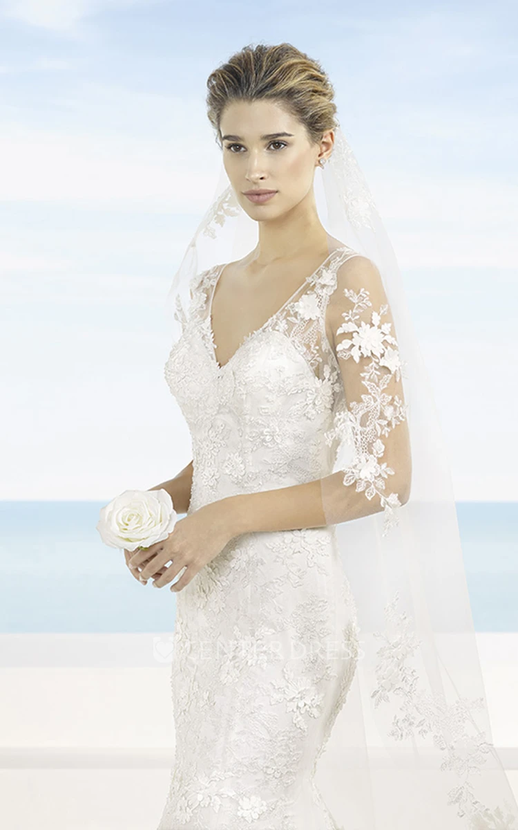 Sheath Sleeveless V-Neck Maxi Appliqued Lace Wedding Dress With Court Train And Illusion Back