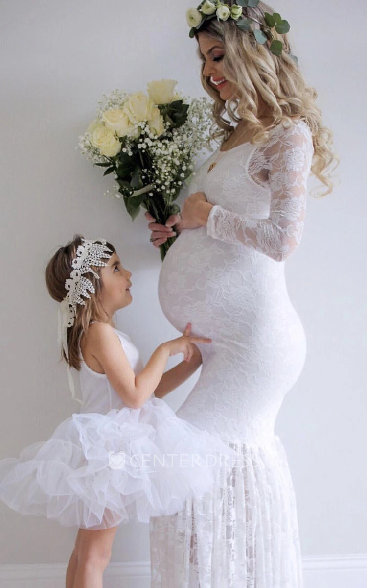 Mermaid Lace Scoop Long Sleeve Pleated Maternity Wedding Dress