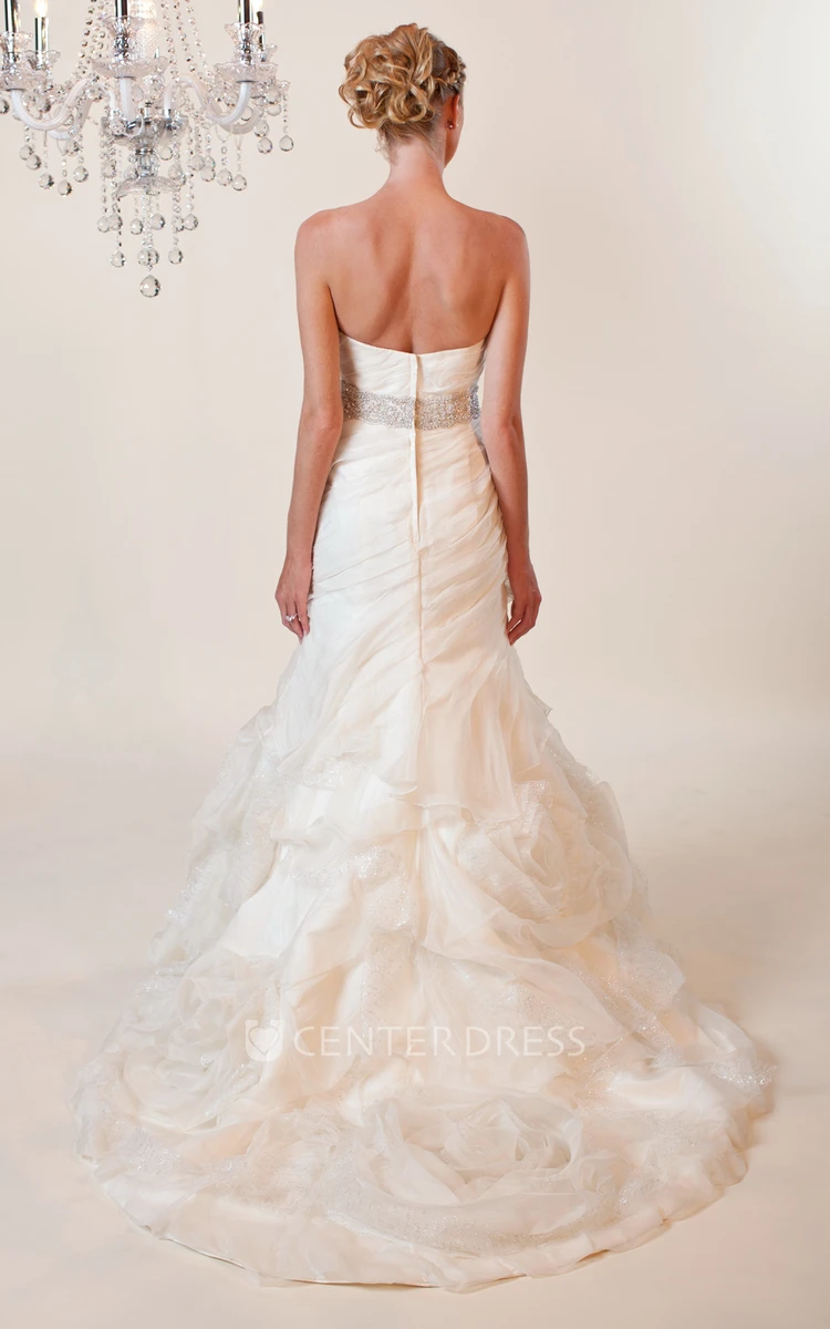 Mermaid Strapless Floor-Length Ruffled Sleeveless Satin Wedding Dress With Waist Jewellery And Flower