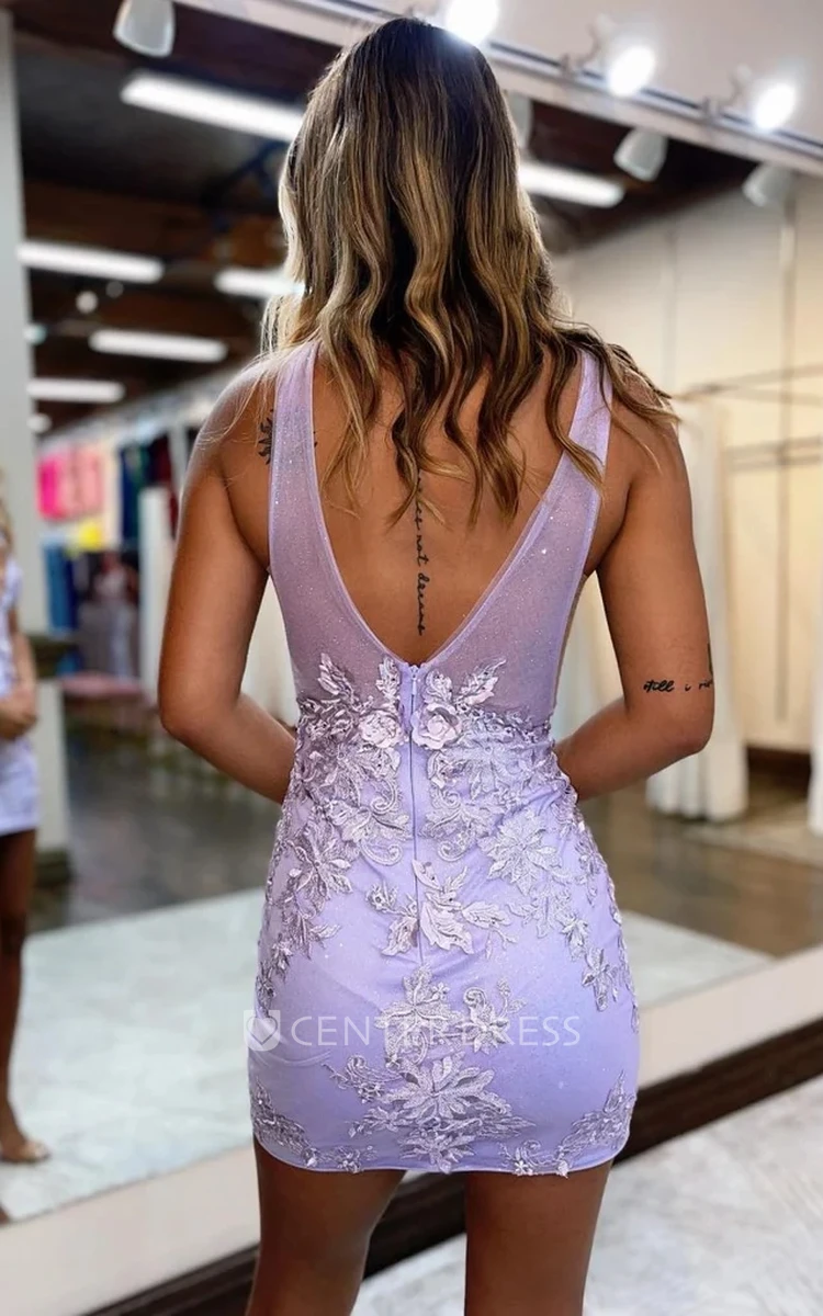 Stylish Floral Lavender Short Boho Lace Tight Homecoming Dress Cute Western Plunging Backless Appliqued Cocktail Party Gown