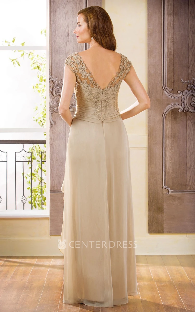 Cap-Sleeved V-Neck Long Gown With Side Slit And Ruffles