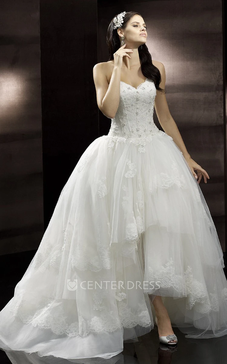 High-Low Sweetheart Tiered Beaded Tulle Wedding Dress With Court Train