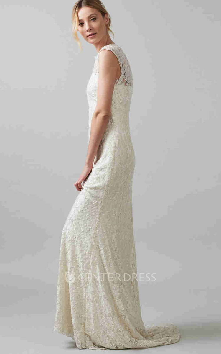 Sheath Long-Sleeveless Jewel-Neck Lace Wedding Dress With Brush Train