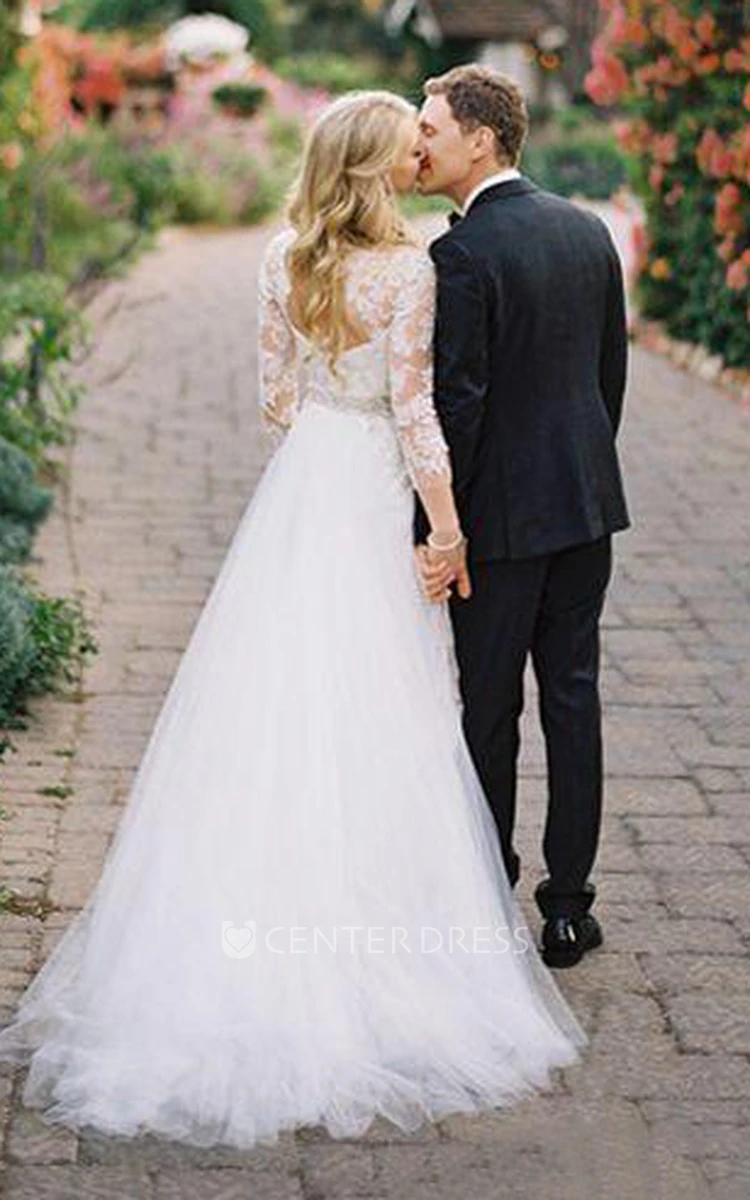 A Line V-neck Lace Tulle Open Back Wedding Dress