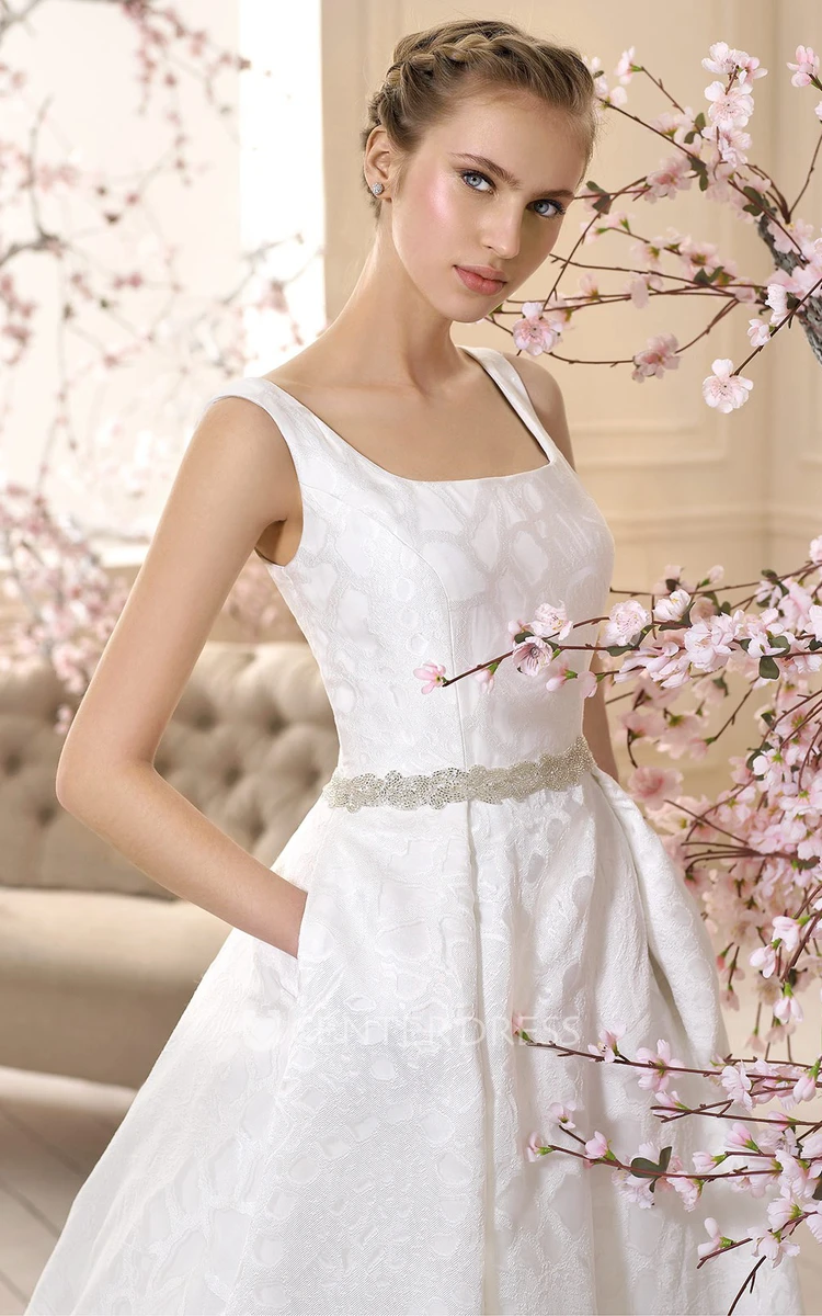 A-Line Sleeveless Floor-Length Square-Neck Jeweled Wedding Dress