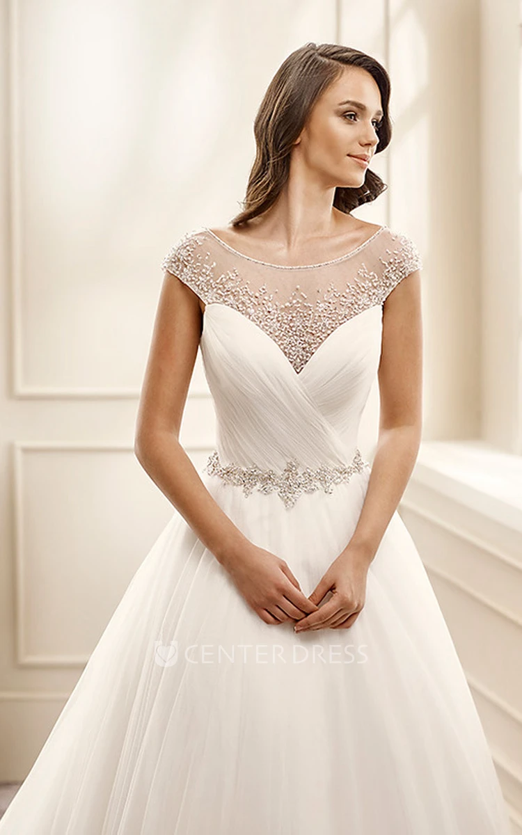 A-Line Cap-Sleeve Scoop-Neck Floor-Length Beaded Tulle Wedding Dress With Criss Cross And Waist Jewellery