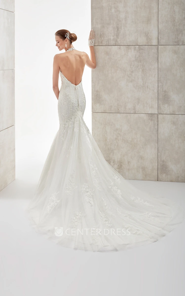 High-Neck Mermaid Wedding Dress with Illusive Neck and Backless Design